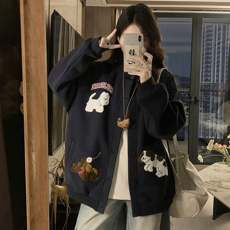 胖mm特大码300斤狗狗刺绣开衫卫衣女春秋运动休闲棒球服夹克外套