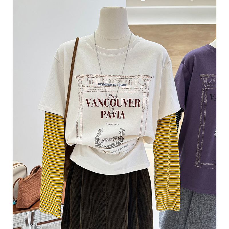 胖mm特大码2-300斤字母印花拼接条纹假两件长袖T恤女春秋打底上衣