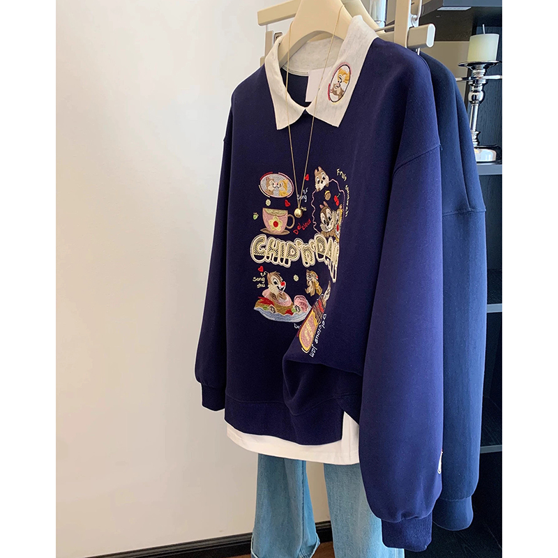 胖mm特大码300斤刺绣polo领卫衣女秋冬季撞色拼接假两件加绒上衣