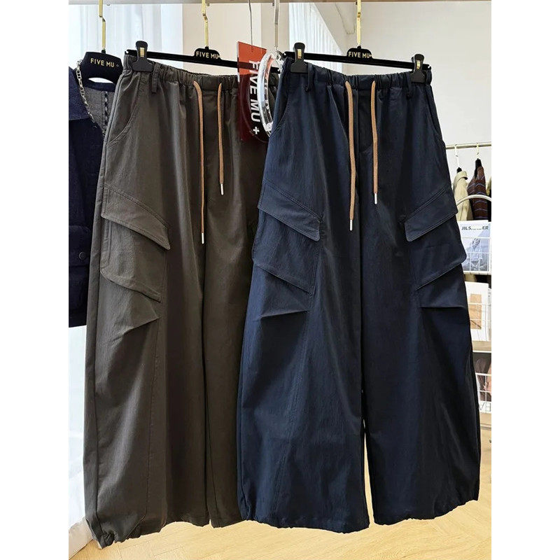 胖mm特大码300斤美式街头复古阔腿工装裤女春秋松紧腰抽绳休闲裤