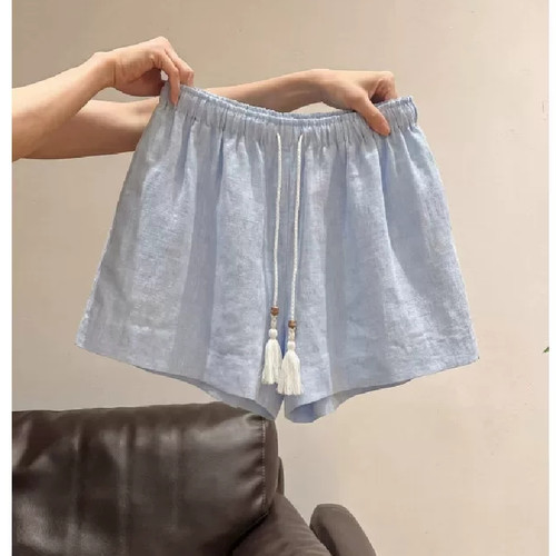 胖mm特大码300斤宽松抽绳阔腿短裤女夏薄款休闲百搭蓝色垂感裤子