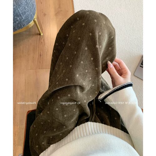 胖mm特大码300斤复古波点印花休闲裤女春秋季宽松美拉德阔腿长裤
