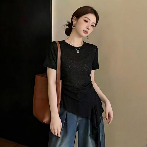 胖mm特大码300斤韩系正肩短袖T恤女夏季设计感炸街小衫不对称上衣