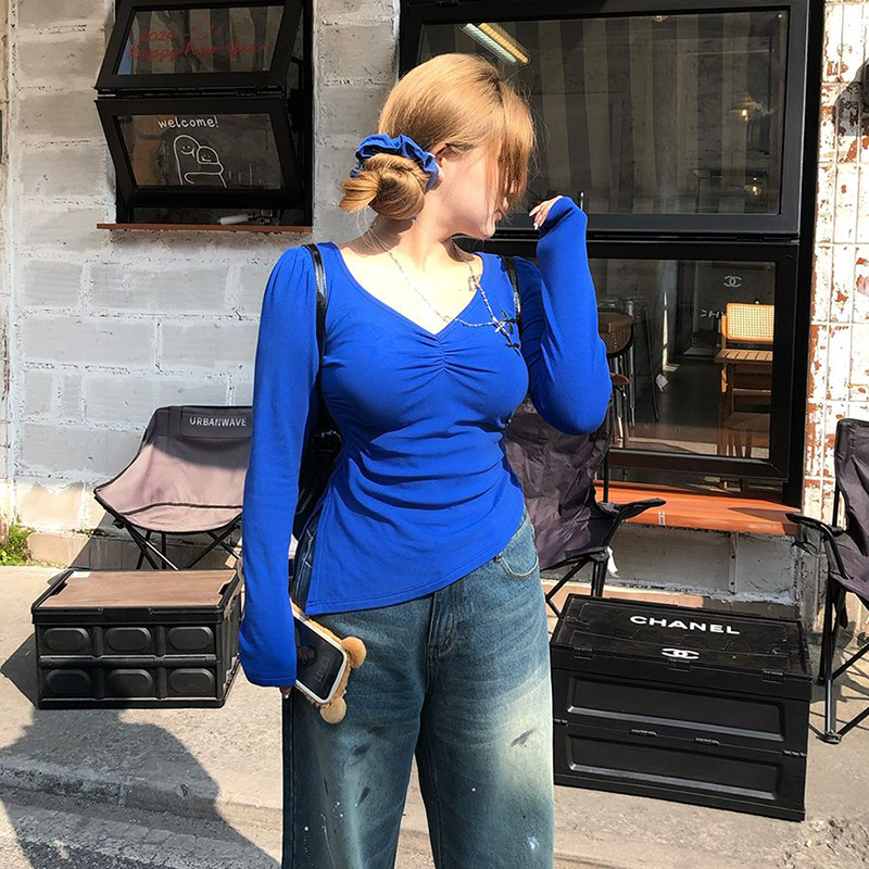 胖mm特大码300斤捏褶收腰长袖t恤打底衫女春秋显瘦不规则绣花上衣