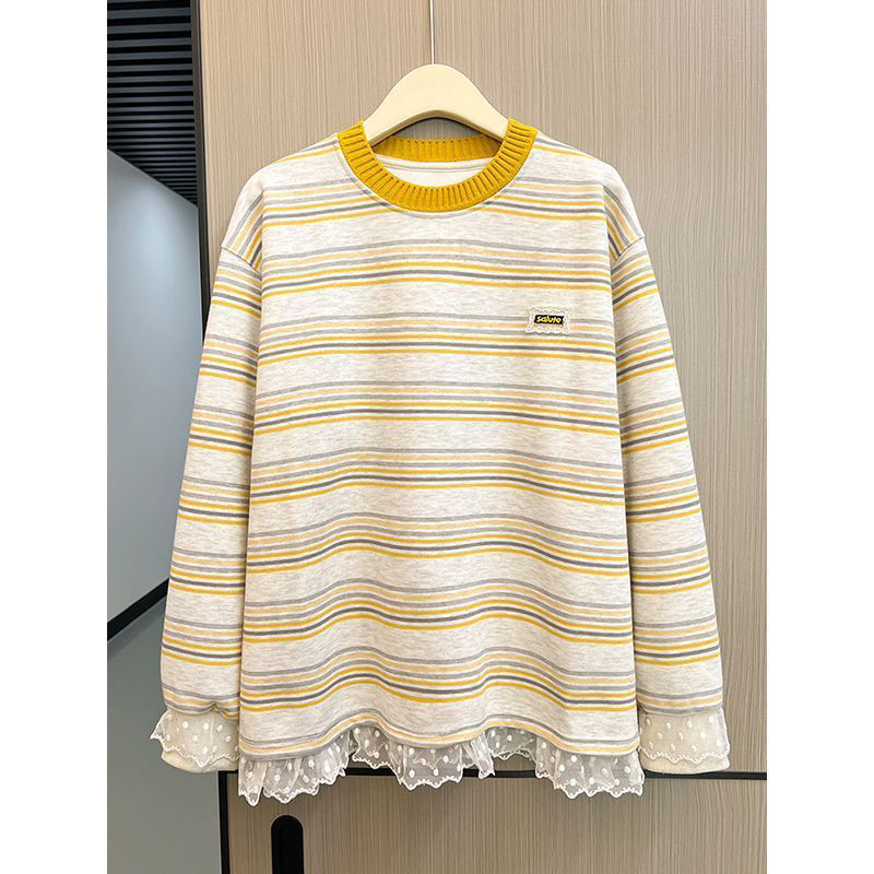 胖mm大码200斤撞色条纹宽松卫衣女春秋时尚拼接蕾丝下摆打底上衣