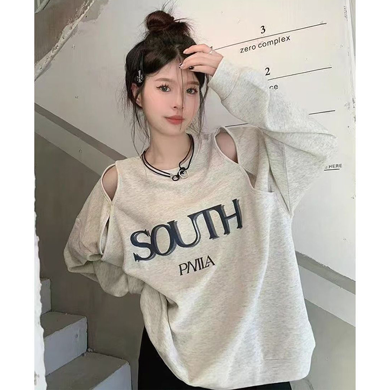 胖mm特大码230斤美式慵懒风露肩印花长袖卫衣女春秋季宽松打底衫