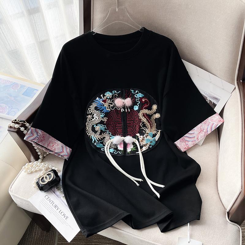 宽松胖mm特大码300斤新中式国风刺绣拼接马蹄袖t恤女夏打底衫上衣