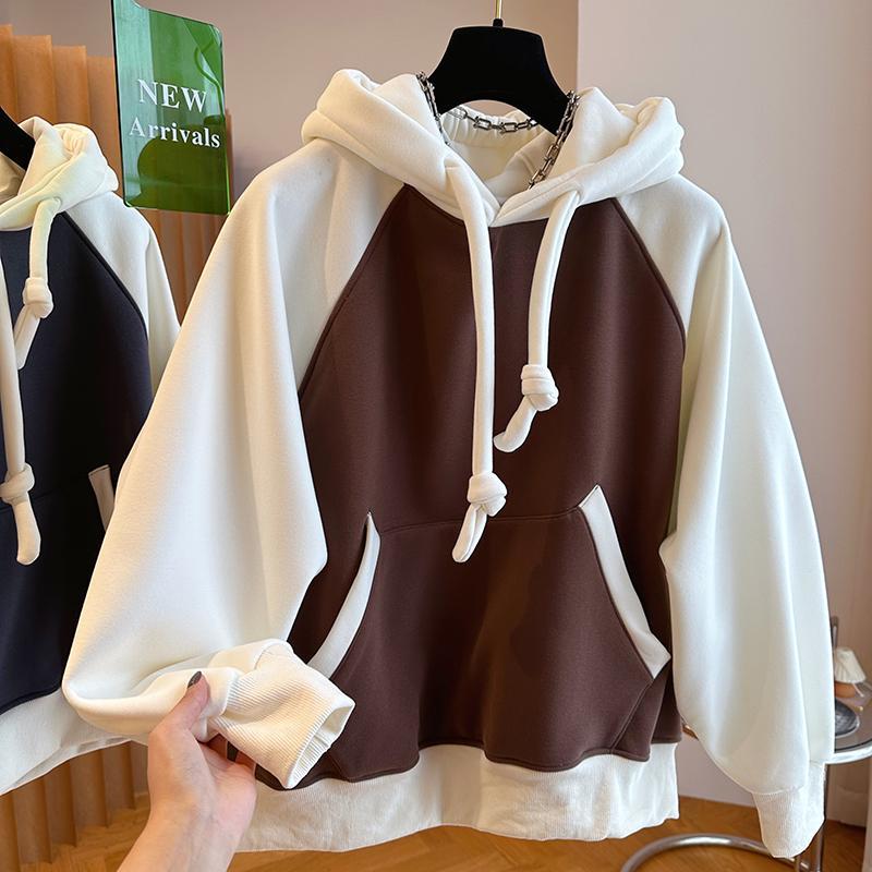 胖mm特大码300斤拼接撞色加厚连帽卫衣女秋冬慵懒风休闲套头上衣
