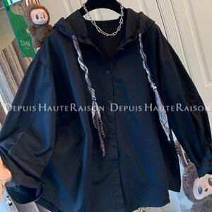 胖mm大码300斤丝巾连帽长袖衬衫外套女春夏薄款休闲防晒开衫衬衣