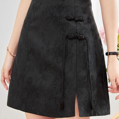 胖mm特大码2-300斤新中式国风盘扣提花半身裙女春夏开叉高腰短裙