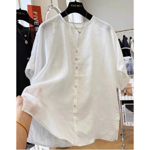 小衫 胖mm特大码 女夏轻薄透视宽松法式 衬衫 衬衣 300斤防晒棉麻短袖