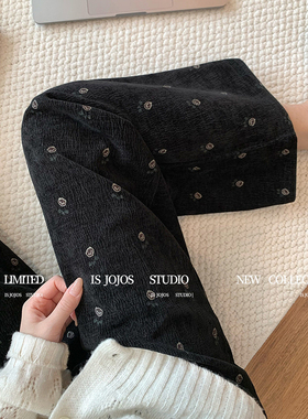 胖mm特大码300斤复古黑色刺绣灯芯绒直筒裤女秋冬小众显瘦休闲裤