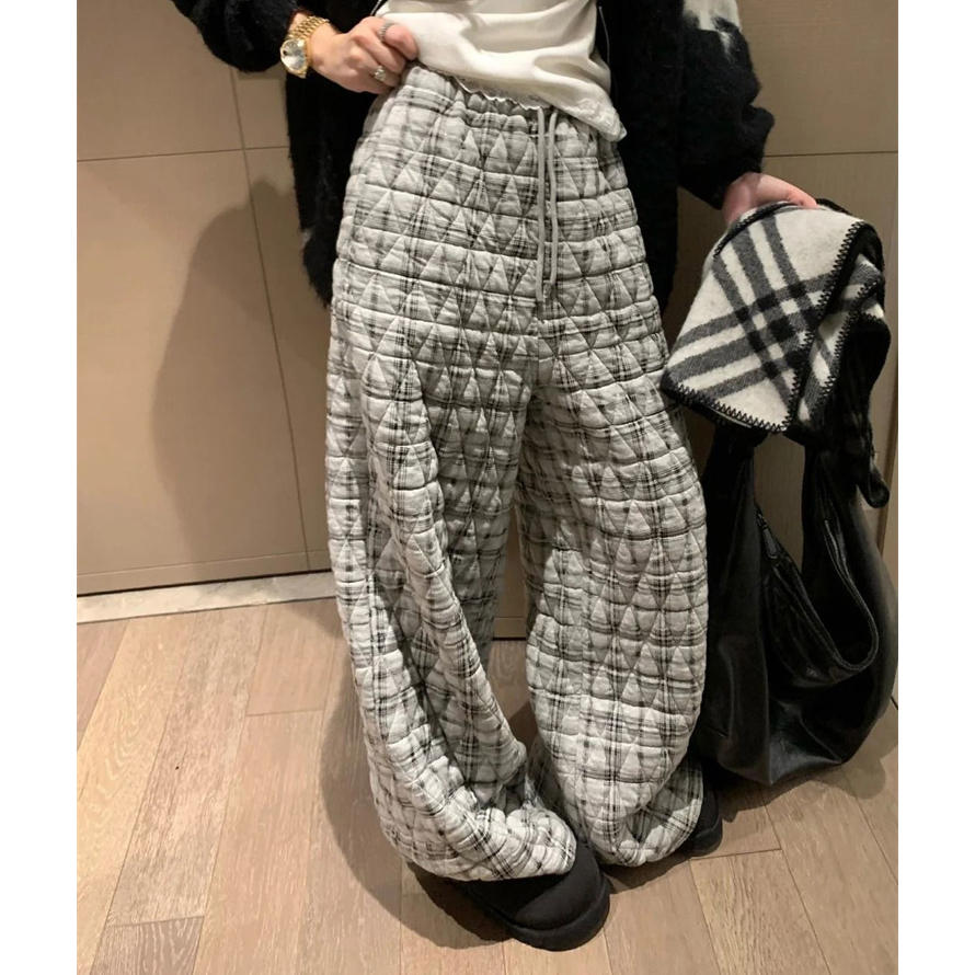 胖mm特大码300斤复古港风格纹夹棉阔腿裤女秋冬宽松保暖休闲卫裤