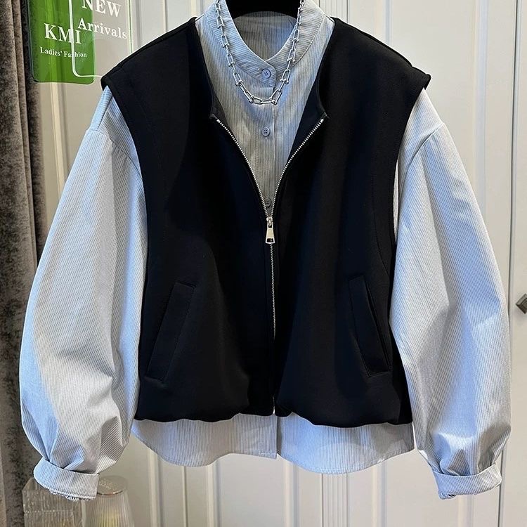 胖mm特大码300斤假两件长袖条纹衬衫女春秋宽松拉链拼接马甲外套
