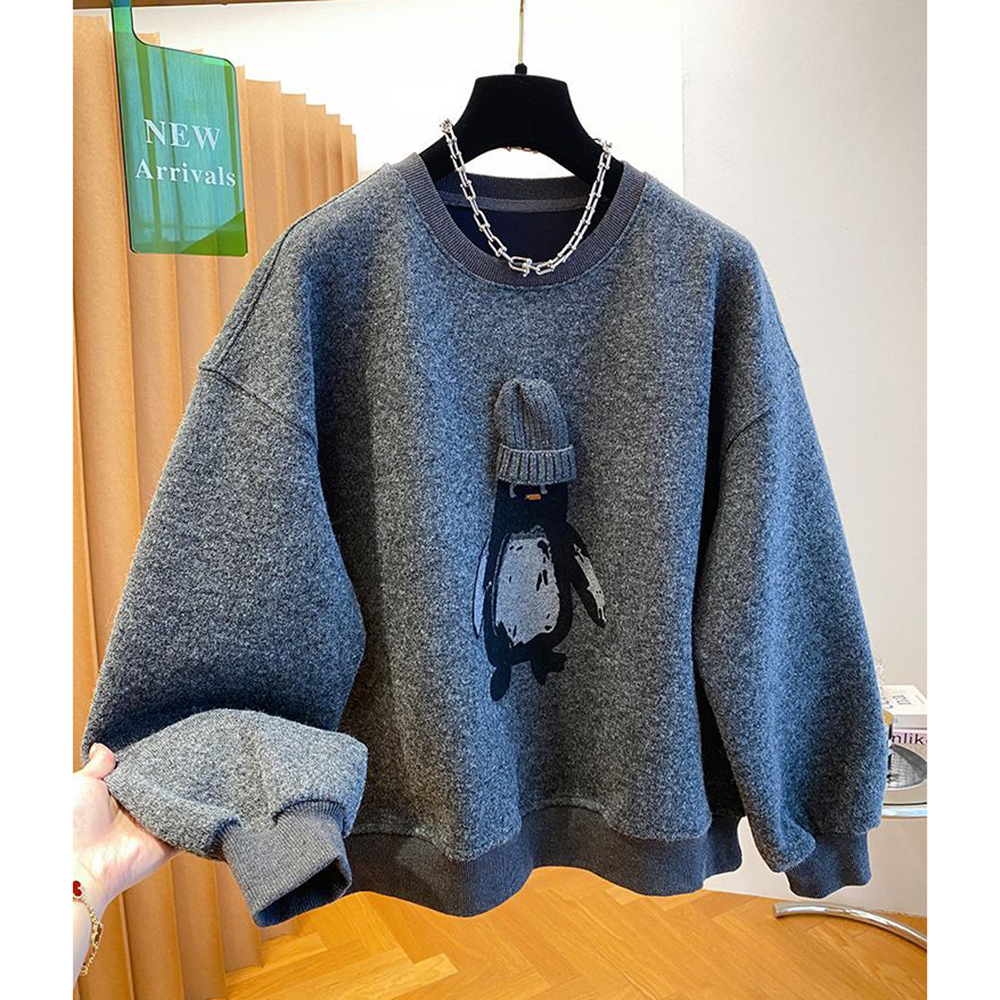 胖mm特大码300斤企鹅印花加绒厚款卫衣女秋冬季磨毛德绒宽松上衣