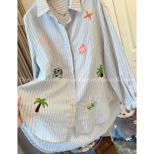 胖mm特大码300斤刺绣竖条纹长袖衬衫女春夏薄款宽松防晒港味衬衣
