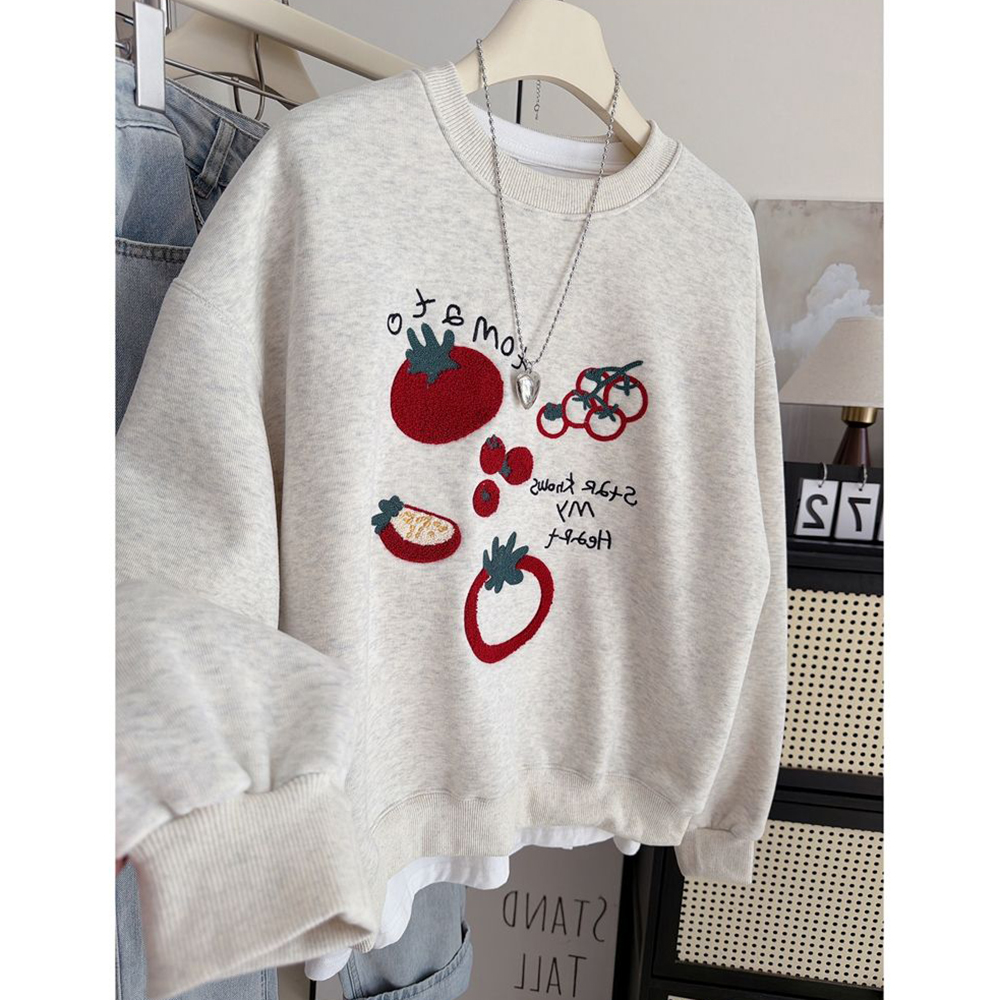 胖mm特大码300斤加绒厚款保暖宽松打底衫上衣番茄刺绣卫衣女秋冬