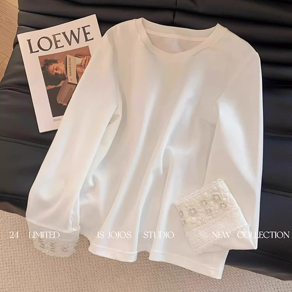 胖mm特大码300斤新中式国风袖口提花蕾丝拼接长袖t恤女春秋打底衫