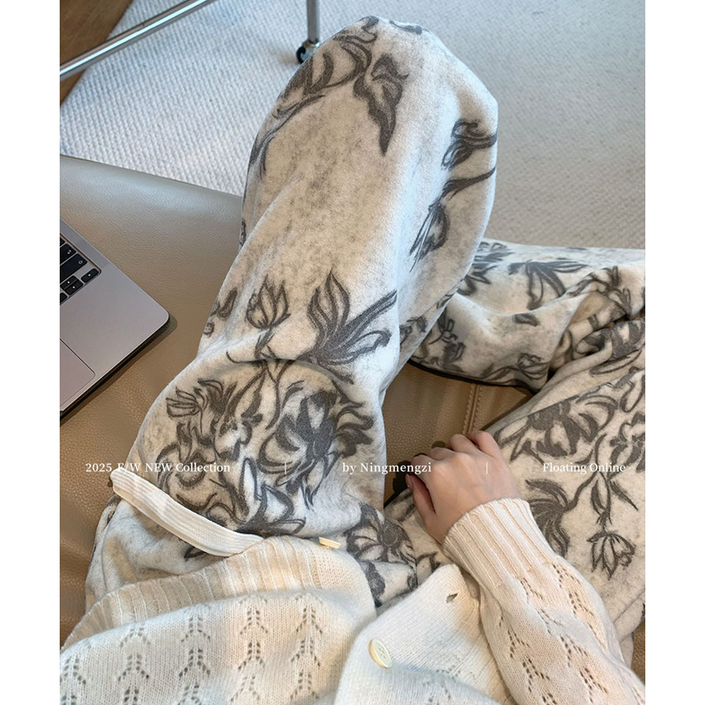 胖mm特大码300斤新中式国风印花加绒直筒卫裤女秋冬季休闲阔腿裤