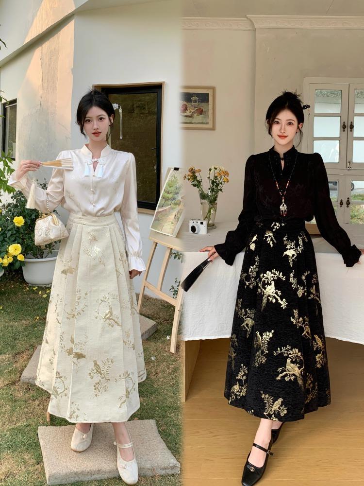 胖mm特大码2-300斤新中式国风印花衬衫半身马面裙女春夏两件套装