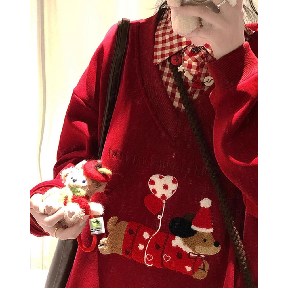 胖mm特大码300斤polo领假两件圣诞款红色卫衣女秋冬加绒厚款上衣