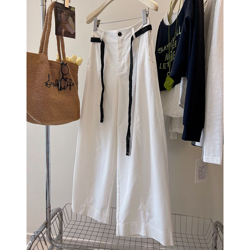 胖mm特大码250斤编织腰带松弛感阔腿直筒休闲裤女春秋弯刀长裤子