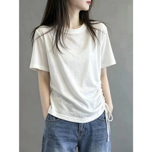 胖mm特大码300斤侧边抽绳褶皱短袖T恤女夏季超火宽松休闲显瘦上衣