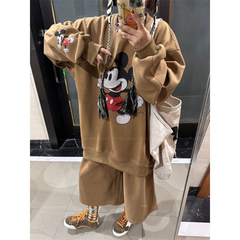 胖mm特大码300斤韩版时尚卡通印花卫衣七分卫裤秋冬加绒两件套装