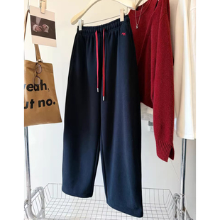 女秋冬 休闲裤 胖mm特大码 300斤简约刺绣保暖加绒束脚直筒两穿卫裤