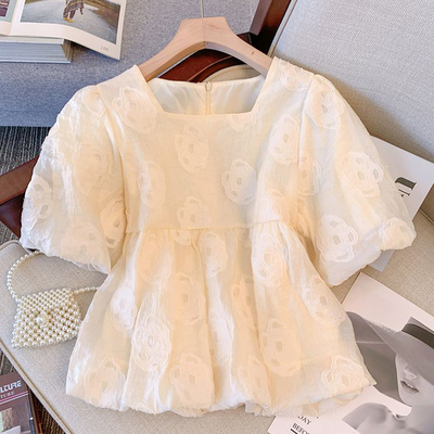 宽松胖mm特大码300斤立体花朵泡泡袖雪纺衫短袖上衣女夏遮肚小衫