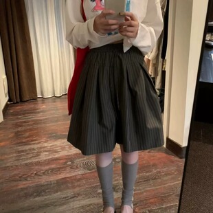 胖mm特大码300斤港味复古竖条纹裙裤女夏松紧腰宽松休闲阔腿短裤