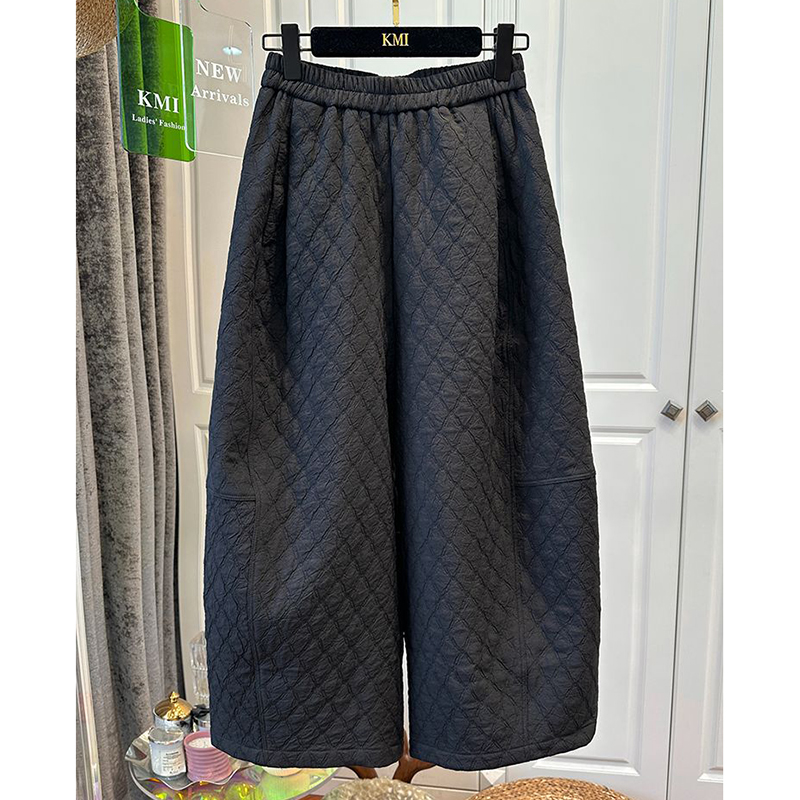 胖mm特大码250斤菱形格松紧腰休闲裤女秋冬季宽松夹棉保暖气球裤