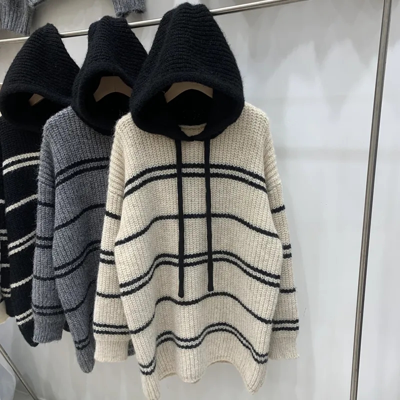 胖mm特大码300斤慵懒风中长款条纹连帽毛衣女秋冬宽松针织衫外套