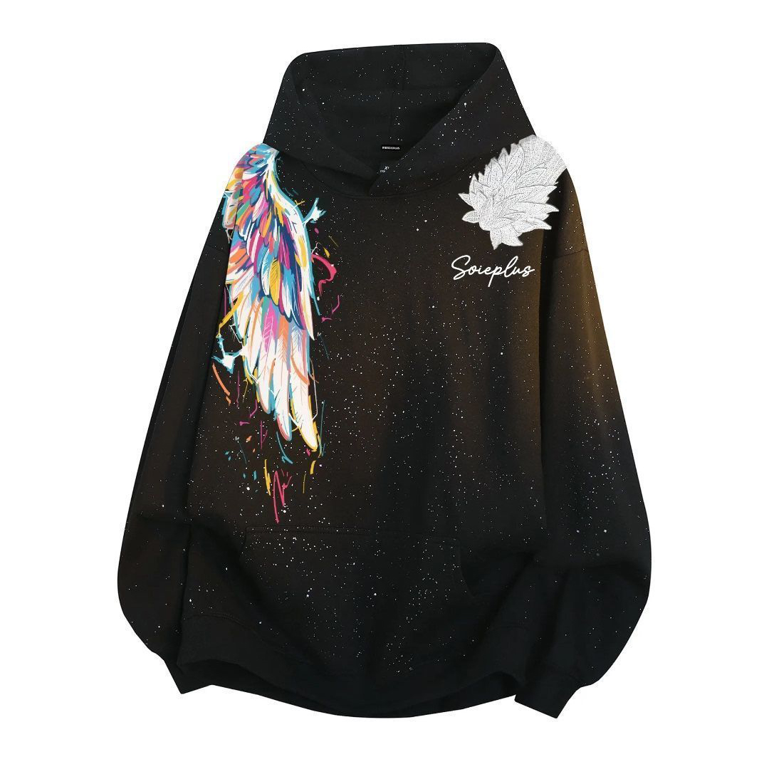 胖mm特大码300斤满天星立体浮雕绣花鸳鸯翅膀印花连帽卫衣女春秋