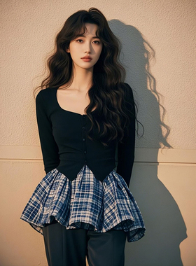 胖mm特大码2-300斤黑色拼接花苞下摆设计上衣显瘦高级感长袖衬衫