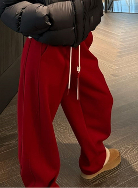 胖mm特大码300斤加绒加厚弯刀休闲裤女秋冬红色本命年保暖阔腿裤