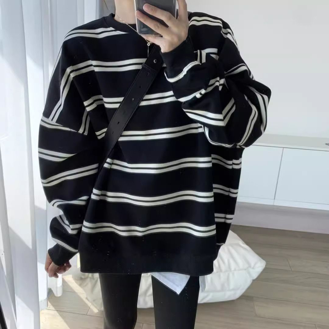胖mm特大码300斤美式条纹长袖卫衣女秋冬慵懒风宽松加绒休闲上衣