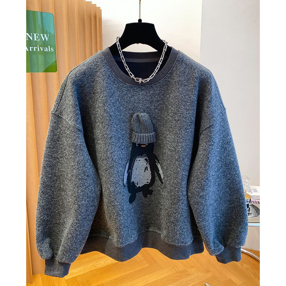 胖mm特大码300斤企鹅印花加绒厚款卫衣女秋冬季磨毛德绒宽松上衣