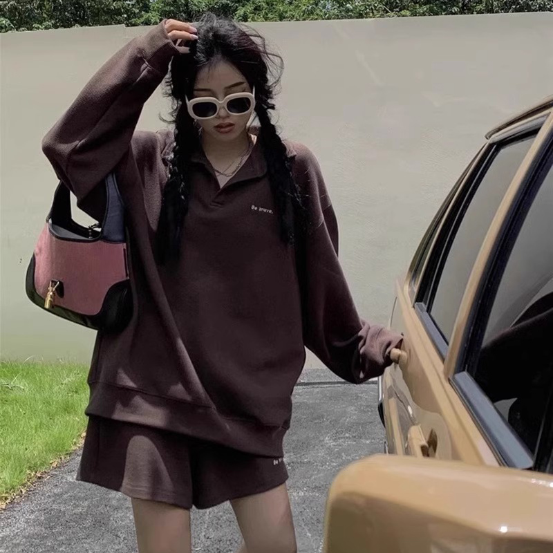 胖mm特大码2-300斤复古polo领卫衣女春秋套装休闲运动短裤两件套