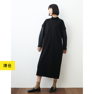 清仓/宽松显瘦拼接半高领棉质打底裙小鱼秋冬长袖长裙针织连衣裙