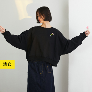 宽松短款环保有机纯棉卫衣 小鱼春秋季慵懒长袖黑色大码针织上衣