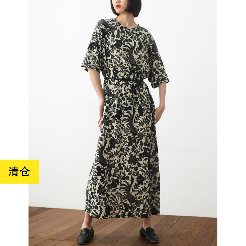 清仓/复古花纹羊毛针织宽松连衣裙 小鱼春夏简约中袖复古气质长裙