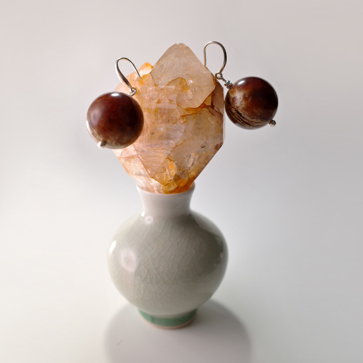 缅甸天然溶洞妖花珍稀根珀耳坠 小鱼首饰大颗琥珀纯银耳勾耳环