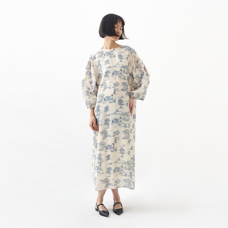 春夏新品青花森系瓷白印花连衣裙