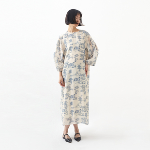 青花森系透视瓷白印花连衣裙 小鱼夏季新款小众复古气质飘逸长裙