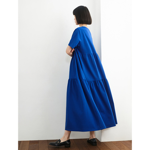 蛋糕裙小鱼春夏季 棉针织文艺气质连衣裙 大摆短袖 复古宝蓝宽松长款