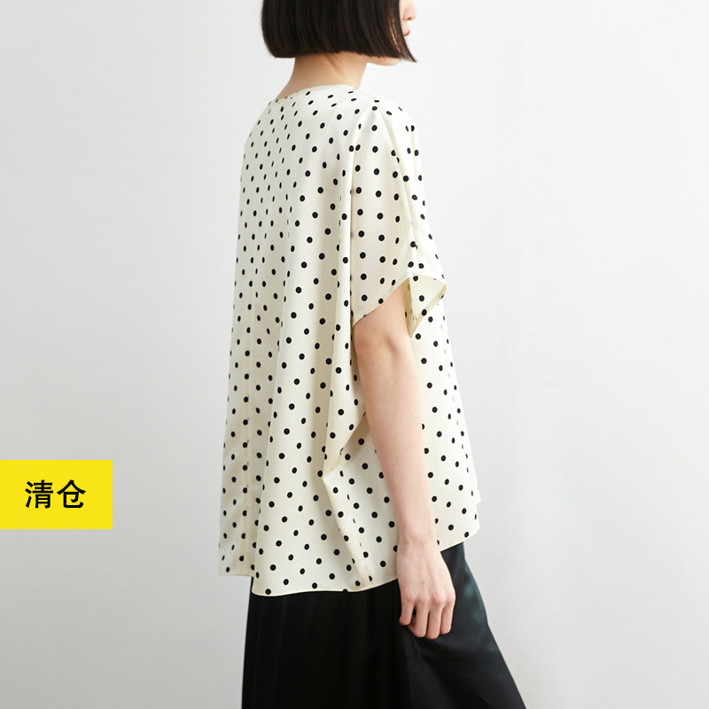 清仓/复古黑白波点缎面醋酸上衣 小鱼春夏宽松休闲复古气质T恤衫
