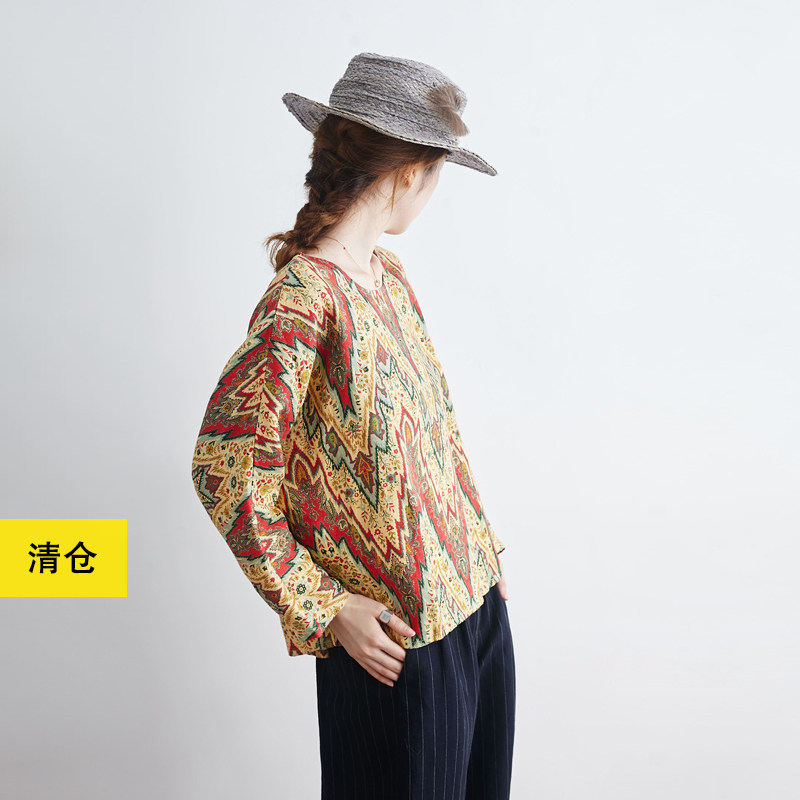 清仓／亚麻棉几何碎花印花民族风上衣 春简约复古棉麻宽松廓形T恤