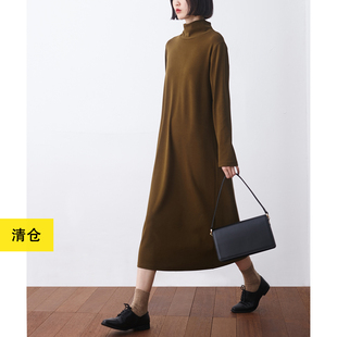 瑕疵清仓/半高领宽松长款连衣裙 小鱼百搭黑色针织棉长裙打底裙