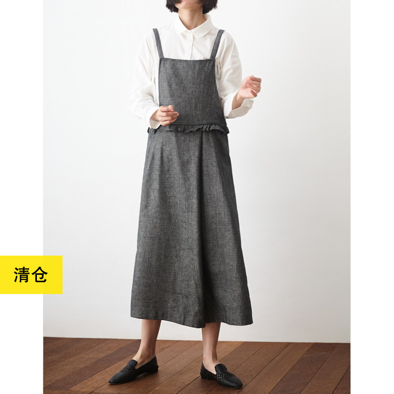 清仓／复古色织亚麻棉背带裙 小鱼春秋宽松长款背心裙显瘦连衣裙